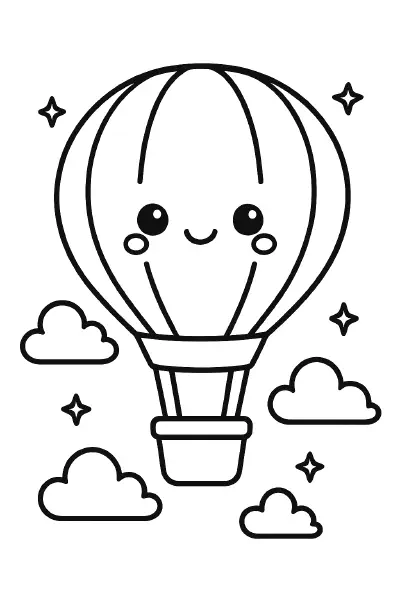 🎈 Hot Air Balloon Coloring Page – A joyful kawaii hot air balloon floating in the sky, drawn with clean black-and-white lines for easy coloring. Great for sky-themed fun and creativity! 🎨🖍️☁️