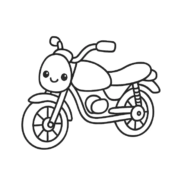 🏍️ Motorcycle Coloring Page – A cool kawaii-style motorcycle with a happy face and bold black outlines, perfect for kids to print and color. Great for vehicle fans, creative play, and transportation-themed fun. 🎨🖍️😄