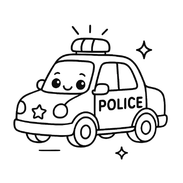 🚓 Police Car Coloring Page – A friendly police car in a cute kawaii style, with bold black lines and a welcoming face. Easy to color and great for fun, imaginative play at home or school. 🎨🖍️👮♂️