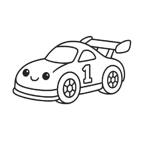 🏎️ Race Car Coloring Page – A speedy, kawaii-style race car with a playful look, outlined in bold black lines. Perfect for little racers to color and enjoy. 🎨🖍️🏁