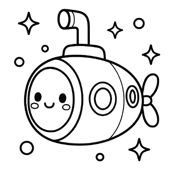 🌊 Submarine Coloring Page – Dive deep into ocean fun with this cute submarine illustration! With bold lines and smiling features, it's perfect for undersea exploration coloring sessions. 🎨🖍️🐠