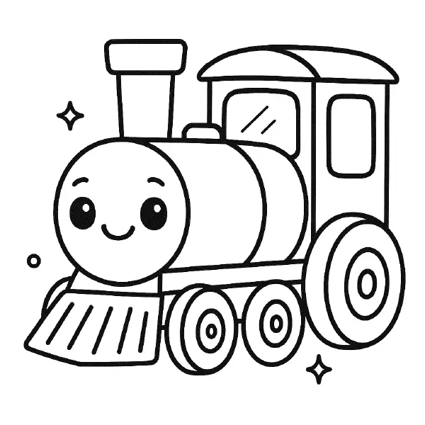 🚂 Train Coloring Page – A cheerful kawaii-style train engine chugging along with a smile, drawn in bold black lines for a fun and easy coloring experience. 🎨🖍️🚆