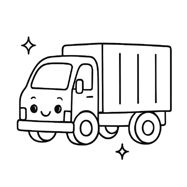 🚚 Truck Coloring Page – A big, happy truck in kawaii style, outlined in simple black lines and perfect for young artists to color and enjoy. 🎨🖍️🚛