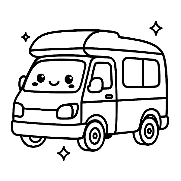 🚐 Van Coloring Page – A charming kawaii-style camper van with a friendly face and simple outlines, perfect for kids to color and imagine road trip adventures. Ideal for travel-themed fun! 🎨🖍️🌍